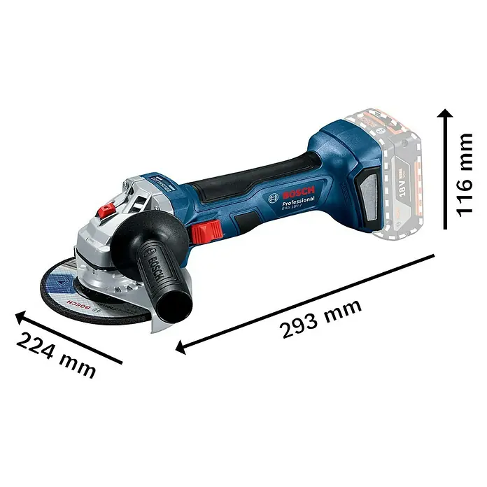 Bosch Professional AMPShare 18V Akku-Winkelschleifer GWS 18V-7 - 18 V, Ohne Akku, Durchmesser Scheibe: 125 mm - Bild einer blauen Bosch GWS 18V-7 Akku-Winkelschleifer mit einem schwarzen Griff und einem 18-V-Akku, der für Schleifarbeiten verwendet wird.