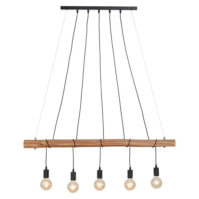 Just Light Pendelleuchte Damian - Höhe: 120 cm - Pendelleuchte mit Holzbalken und fünf Glühbirnen. Rustikales Design für eine gemütliche Atmosphäre. Perfekt für Wohn- und Esszimmer.