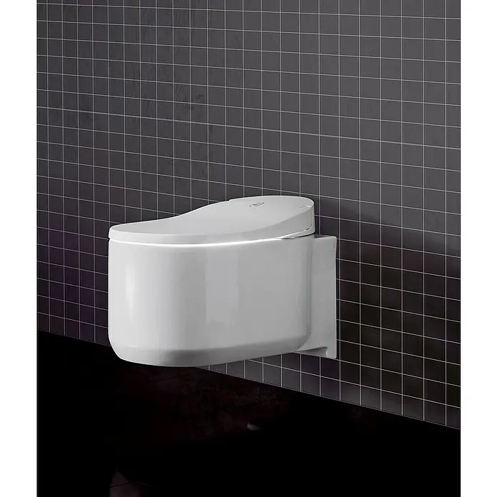 Grohe Sensia Arena Wand-Dusch-WC-Set - Spülrandlos, Mit antibakterieller Glasur, Spülform: Tief, WC Abgang: Waagerecht, Weiß - Elegante, wandhängende Toilette in Weiß mit integrierter Beleuchtung vor dunklem, quadratischem Fliesen-Hintergrund. Modernes Baddesign für stilvolle Badezimmer.