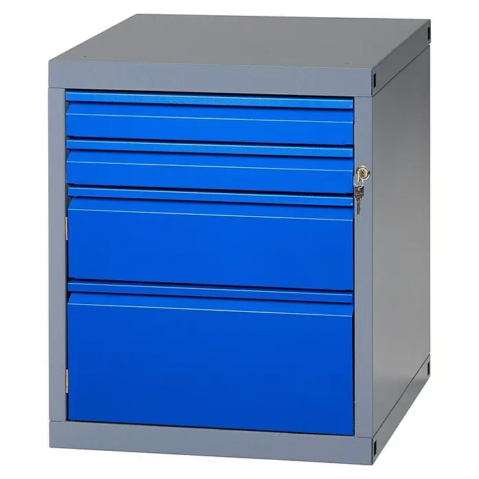 Küpper Profi Modul System Unterschrank - L x B x H: 56 x 55 x 66 cm - Blauer Werkzeugschrank mit mehreren Schubladen und grauem Metallrahmen, der eine sichere Aufbewahrung in Werkstätten ermöglicht.