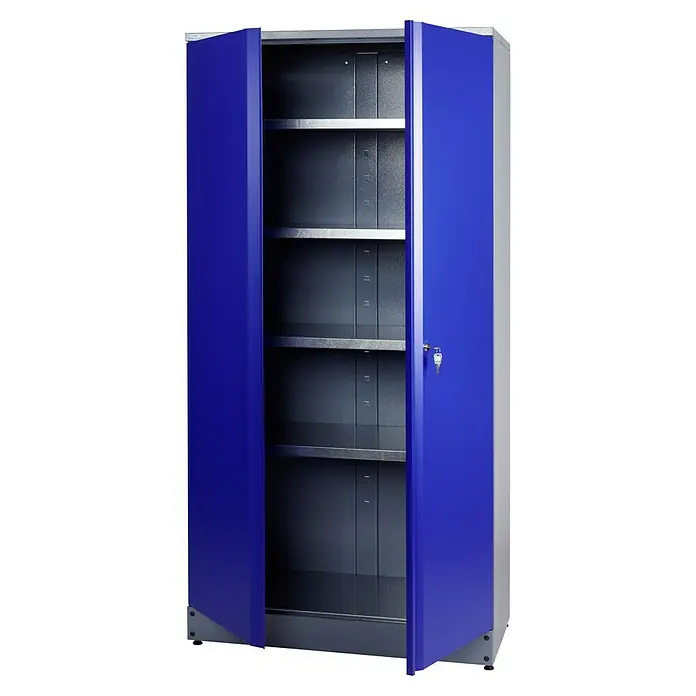 Küpper Werkstatt-Hochschrank - L x B x H: 53 x 91 x 204 cm, Anzahl Türen: 2 Stk. - Ein blauer Stahlschrank mit offenen Türen und mehreren Regalen, ideal für die Lagerung.