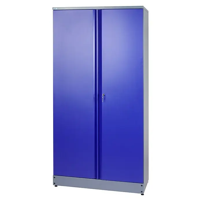 Küpper Werkstatt-Hochschrank - L x B x H: 53 x 91 x 204 cm, Anzahl Türen: 2 Stk. - Ein blauer Werkzeugschrank mit zwei Türen und einem Schloss. Der Schrank steht auf einem grauen Sockel und hat silberne Akzente.