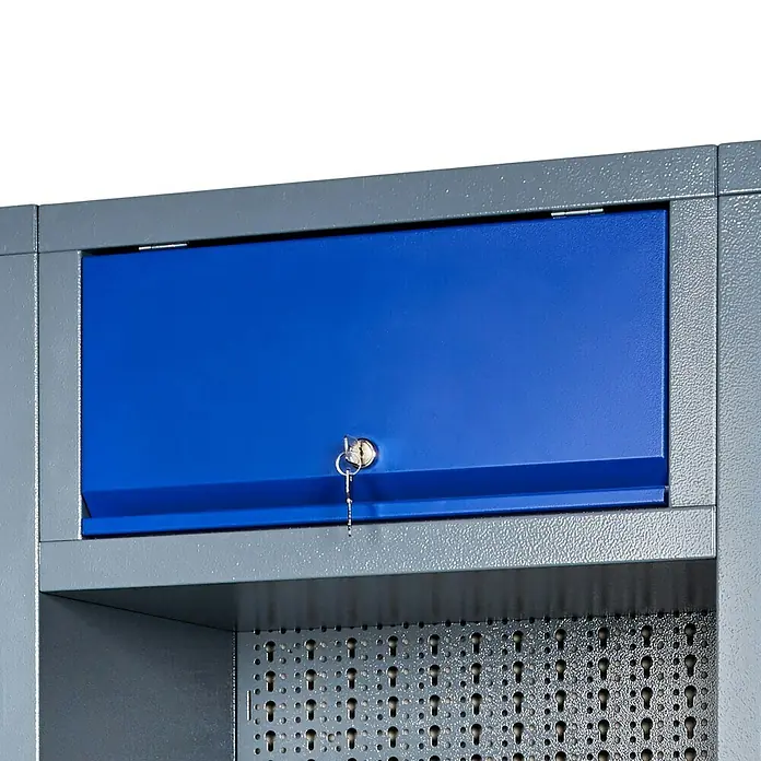Küpper Profi Modul System Hängeschrank - L x B x H: 360 x 550 x 300 mm - Nahaufnahme eines blauen Werkzeugschranks mit Schlüssel. Robuste Bauweise und sichere Aufbewahrung für Werkzeuge und Ausrüstung.