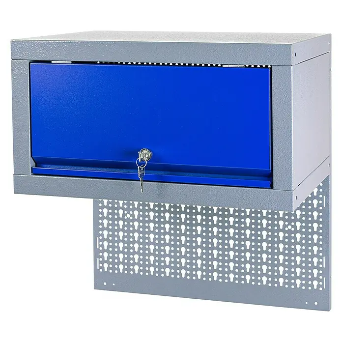 Küpper Profi Modul System Hängeschrank - L x B x H: 360 x 550 x 300 mm - Schlüsselbox mit blauer Tür an einer Lochwand.