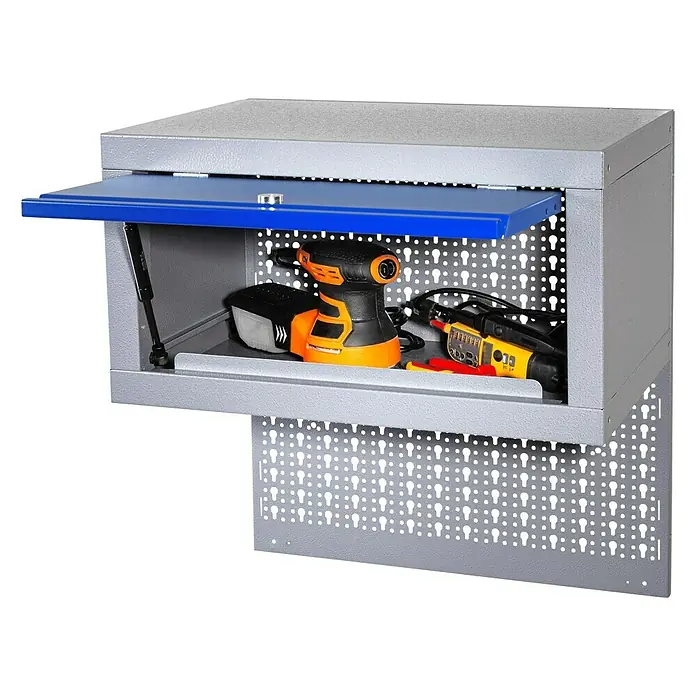 Küpper Profi Modul System Hängeschrank - L x B x H: 360 x 550 x 300 mm - Bild eines Werkzeugschranks mit geöffneter blauer Klappe, der Elektrowerkzeuge wie einen Schleifer und einen Schraubenzieher enthält.