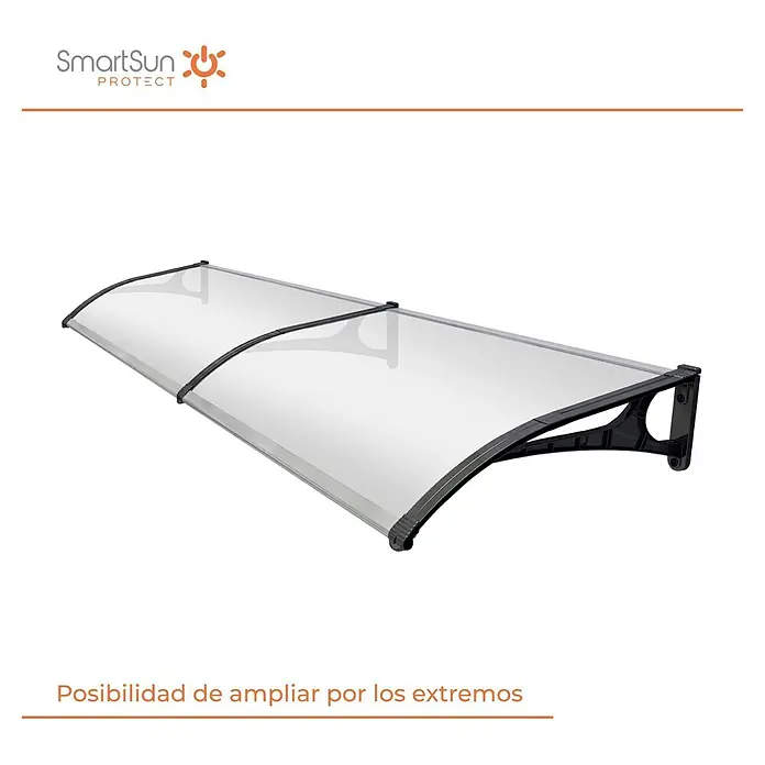 SmartSun Marquesina para puerta Evoke - An x Pr x Al: 150 x 80 x 23,5 cm - Primer plano de un toldo para puerta SmartSun Protect con un panel transparente y soportes negros, que brinda protección contra los elementos.