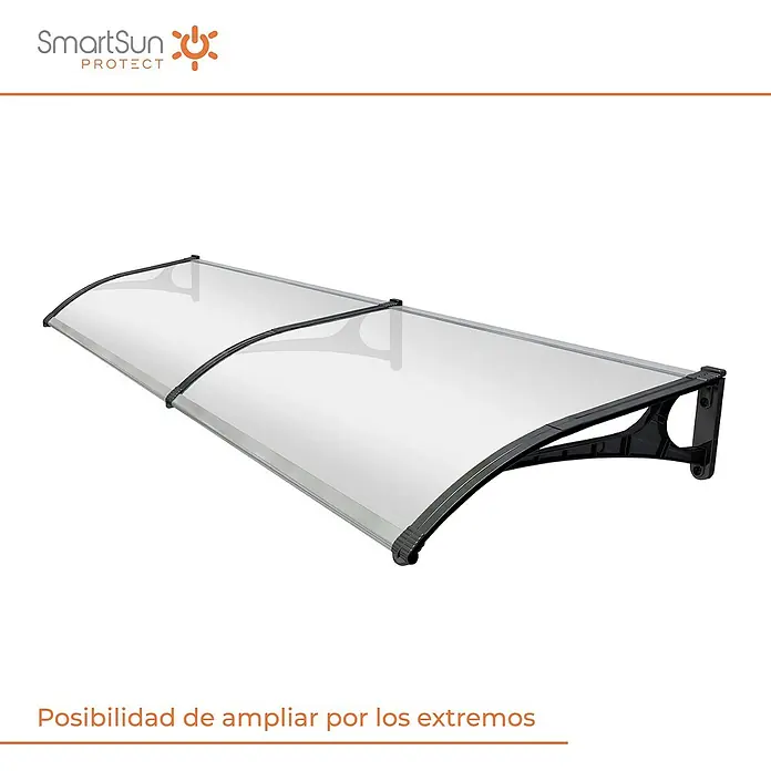 SmartSun Marquesina para puerta Evoke - An x Pr x Al: 120 x 80 x 23,5 cm - Primer plano de un toldo para puerta SmartSun Protect con un panel transparente y soportes negros, que brinda protección contra los elementos.