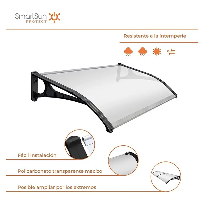 SmartSun Marquesina para puerta Evoke - An x Pr x Al: 150 x 80 x 23,5 cm - Primer plano de un toldo de puerta SmartSun Protect duradero hecho de policarbonato transparente, perfecto para la protección contra la intemperie y fácil instalación.