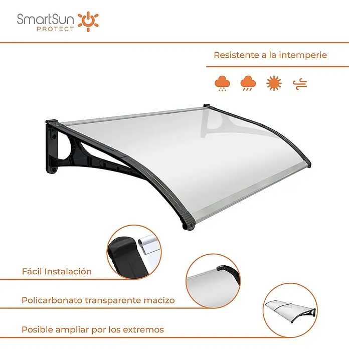 SmartSun Marquesina para puerta Evoke - An x Pr x Al: 120 x 80 x 23,5 cm - Primer plano de un toldo de puerta SmartSun Protect duradero hecho de policarbonato transparente, perfecto para la protección contra la intemperie y fácil instalación.
