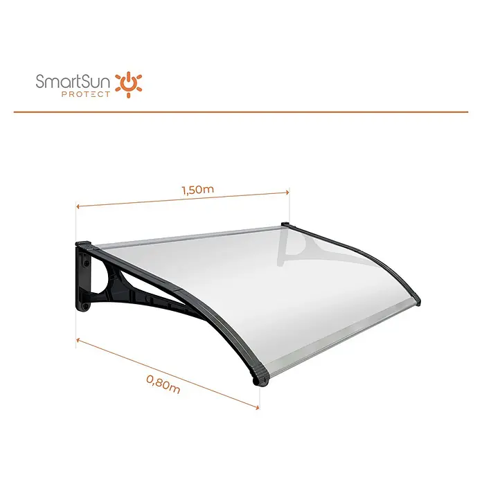 SmartSun Marquesina para puerta Evoke - An x Pr x Al: 150 x 80 x 23,5 cm - Imagen de un toldo de puerta SmartSun Protect con dimensiones de 1,50m de ancho y 0,80m de profundidad.