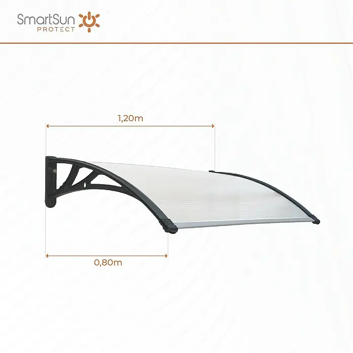 SmartSun Marquesina para puerta Easy Black - An x Pr x Al: 120 x 80 x 23 cm - Imagen de un toldo SmartSun Protect, dimensiones 1,20 m de ancho y 0,80 m de profundidad, para protección solar y lluvia.