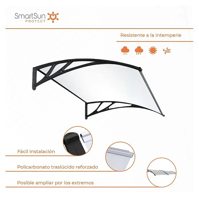 SmartSun Marquesina para puerta Easy Black - An x Pr x Al: 150 x 80 x 23 cm - Imagen de un toldo para puerta SmartSun Protect. El toldo transparente con marco negro proporciona protección contra la intemperie y es fácil de instalar.