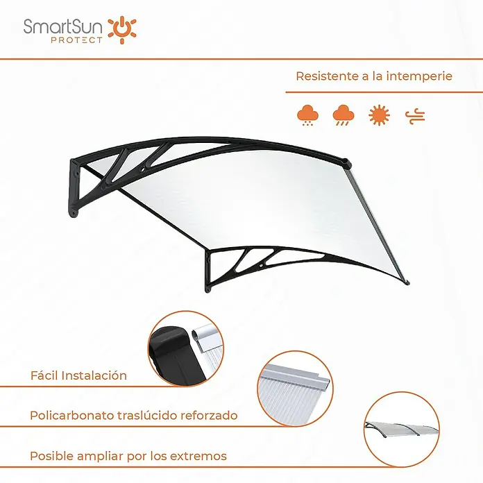 SmartSun Marquesina para puerta Easy Black - An x Pr x Al: 120 x 80 x 23 cm - Imagen de un toldo para puerta SmartSun Protect. El toldo transparente con marco negro proporciona protección contra la intemperie y es fácil de instalar.