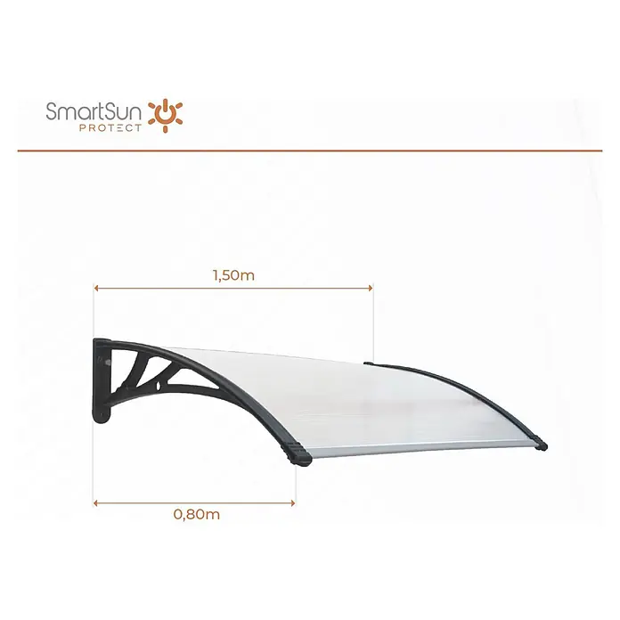 SmartSun Marquesina para puerta Easy Black - An x Pr x Al: 150 x 80 x 23 cm - Imagen de un toldo de puerta SmartSun Protect de 1,50 m de ancho y 0,80 m de profundidad, ideal para proteger del viento y la intemperie.