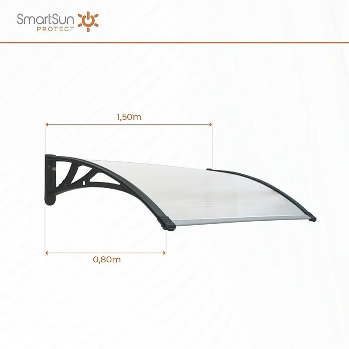 SmartSun Marquesina para puerta Easy Black - An x Pr x Al: 150 x 80 x 23 cm - Imagen de un toldo de puerta SmartSun Protect de 1,50 m de ancho y 0,80 m de profundidad, ideal para proteger del viento y la intemperie.