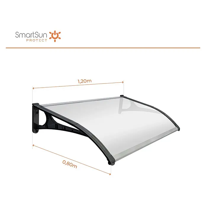 SmartSun Marquesina para puerta Evoke - An x Pr x Al: 120 x 80 x 23,5 cm - Imagen de un toldo de puerta SmartSun Protect con dimensiones de 1,20 m de ancho y 0,80 m de profundidad, con un panel transparente y soportes negros.