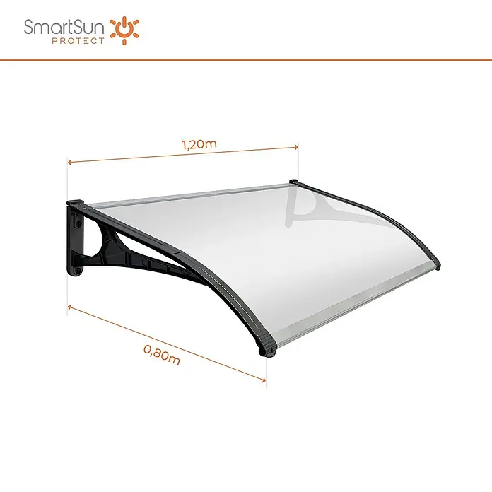 SmartSun Marquesina para puerta Evoke - An x Pr x Al: 120 x 80 x 23,5 cm - Imagen de un toldo de puerta SmartSun Protect con dimensiones de 1,20 m de ancho y 0,80 m de profundidad, con un panel transparente y soportes negros.