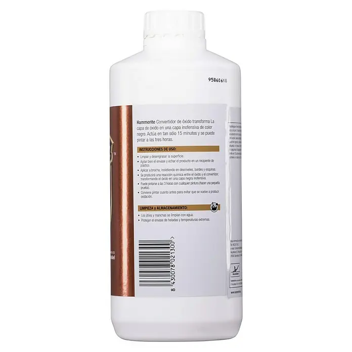 Hammerite Imprimación Convertidor de Óxido - 250 ml - Vista posterior de una botella de convertidor de óxido Hammerite, que detalla las instrucciones y advertencias.