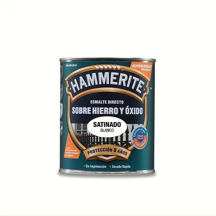 Hammerite Esmalte para metal Hierro y óxido - Blanco, 250 ml - Bote de pintura Hammerite Directo sobre Óxido Blanco satinado, ofrece 8 años de protección. Ideal para exteriores, secado rápido y sin imprimación.