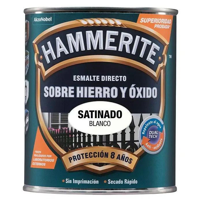 Hammerite Esmalte para metal Hierro y óxido - Blanco, 250 ml - Bote de pintura Hammerite Directo al Óxido, blanco satinado, para hierro y óxido, con 8 años de protección, repelente al agua y secado rápido.