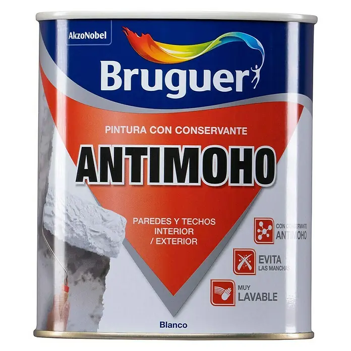 Bruguer Pintura para paredes Antimoho - Blanco, Mate, 750 ml - Un bote de pintura antimoho para interior/exterior Bruguer en blanco, ideal para paredes y techos, proporcionando protección duradera.