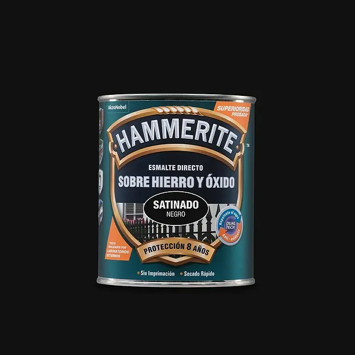 Hammerite Esmalte para metal Hierro y óxido - Negro, 250 ml - Bote de pintura Hammerite directa sobre óxido en negro satinado, que ofrece 8 años de protección para superficies metálicas exteriores.
