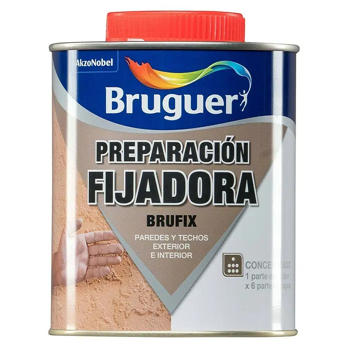 Bruguer Fijador Brufix - Incoloro, 750 ml, Lata - Bote de Bruguer "Preparación Fijadora Brufix" para paredes y techos interiores y exteriores, con tapa roja y logotipo de AkzoNobel.