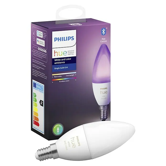 Philips Hue Bombilla LED inteligente Vela - E14, Intensidad regulable, RGBW, 470 lm, 5,3 W - La imagen muestra una bombilla Philips Hue White and Color Ambiance E14, tanto en su empaque como por separado, destacando sus funciones de color.
