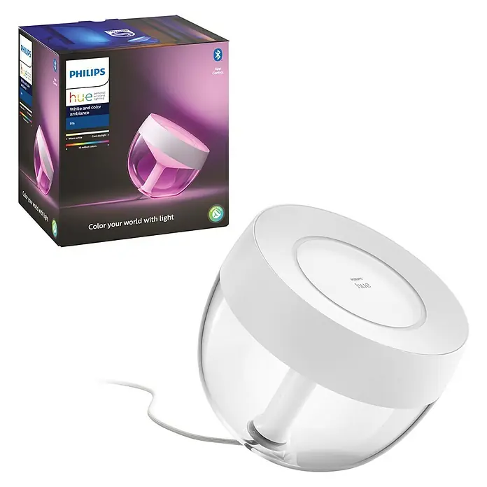 Philips Hue LED-Tischleuchte Iris - Weiß/Transparent, Höhe: 19,4 cm - Das Philips Hue Iris White and Color Ambiance Leuchtmittel mit Bluetooth Funktion und Verpackung im Detail.