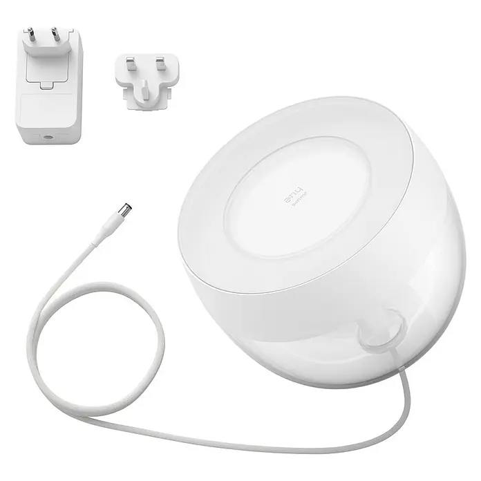 Philips Hue LED-Tischleuchte Iris - Weiß/Transparent, Höhe: 19,4 cm - Nahaufnahme einer Philips Hue Lampe mit Stromkabel und zwei Steckern auf schwarzem Hintergrund.