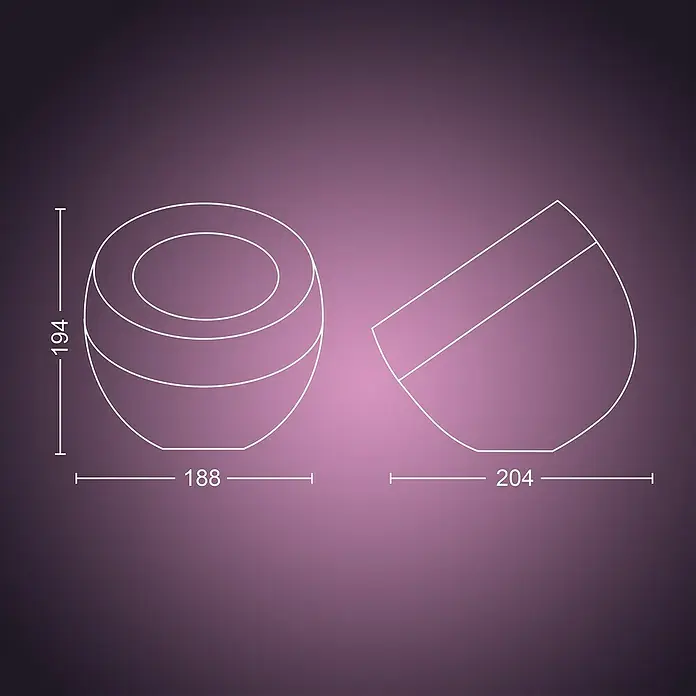 Philips Hue LED-Tischleuchte Iris - Weiß/Transparent, Höhe: 19,4 cm - Schematische Darstellung einer modernen Tischleuchte mit Angabe der Maße. Das minimalistische Design fügt sich nahtlos in jeden Raum ein.