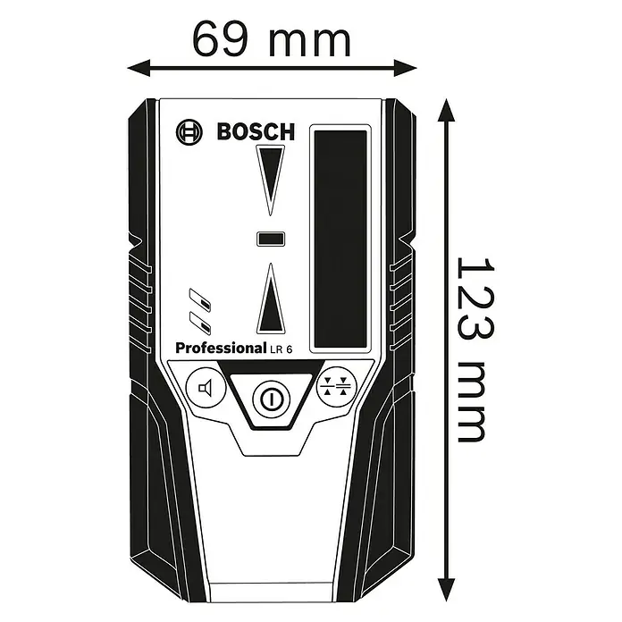Bosch Professional Laserempfänger LR 6 - Passend für: Bosch Professional Linienlaser GCL 2-50 C, GLL 3-80, GLL 3-80 C, Arbeitsbereich: 5 - 50 m - Abbildung des Bosch Professional LR 6 Laserempfängers mit Abmessungen, 69 mm breit und 123 mm hoch.