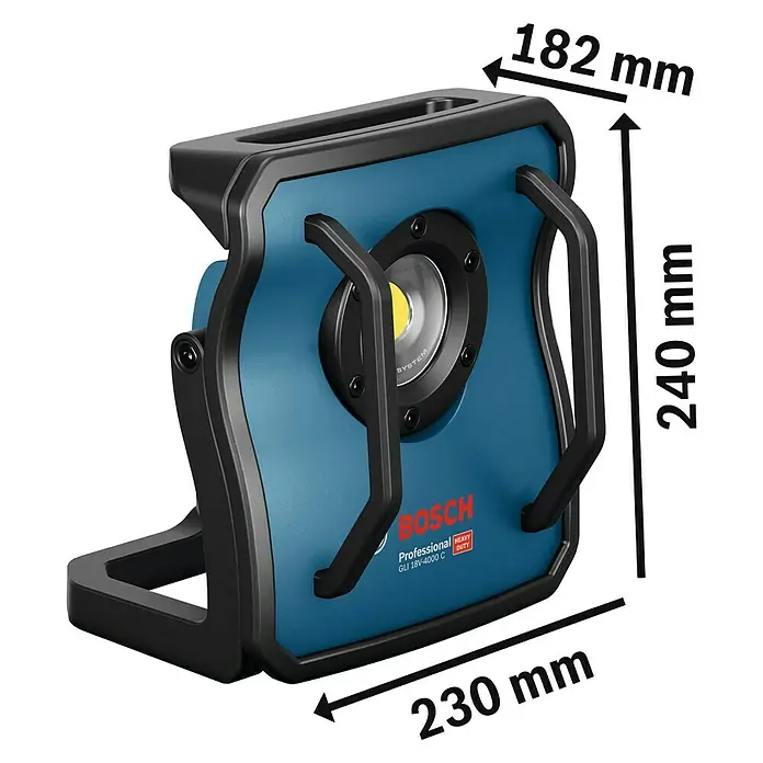 Bosch Professional AMPShare 18V Akku-Lampe GLI 18V-4000C - 18 V, Ohne Akku, Lichtstrom: 4.000 lm - Abbildung einer Bosch GLI 18V-4000 C Akku-Baustellenlampe mit Abmessungen. Das Gerät ist blau mit einem schwarzen Rahmen und hat einen integrierten Scheinwerfer.