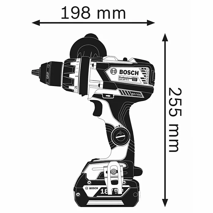 Bosch Professional AMPShare 18V Akku-Bohrschrauber GSR 18V-110 C - 18 V, Ohne Akku, 110 Nm, Inkl. Koffer - Abbildung eines Bosch Professional GSR 18V-75 C Akku-Bohrschraubers mit Größenangaben.