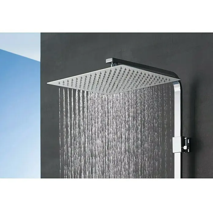 Camargue Duschsystem Grande Vita - Mit Thermostatarmatur, Anzahl Strahlarten: 3 Stk., Chrom/Weiß - Ein moderner Duschkopf mit quadratischer Form, der Wasserstrahlen freisetzt. Das verchromte Design sorgt für einen eleganten Look im Badezimmer.