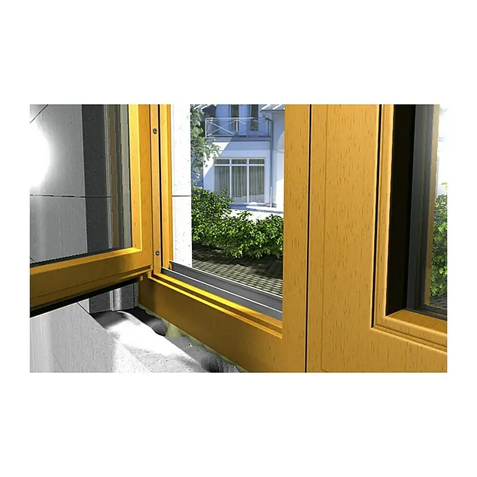 Fischer Fensterrahmenschraube FFS 7,5 - 112 mm, Flachkopf, Durchmesser Bohrloch: 6 mm, 8 Stk. - Nahaufnahme eines geöffneten Holzfensters, das einen Blick auf eine Außenansicht mit Pflanzen und Gebäude freigibt. Das Fensterdesign betont natürliche Elemente.