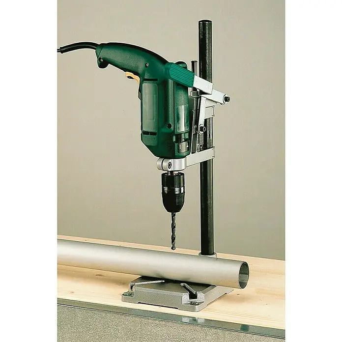 Wolfcraft Soporte de taladro - L x An x Al: 160 x 230 x 500 mm, Carrera: 60 mm, Apertura máxima: 112 mm - Taladro conectado a un soporte de taladro, ideal para taladrar con precisión tubos. Perfecto para talleres.
