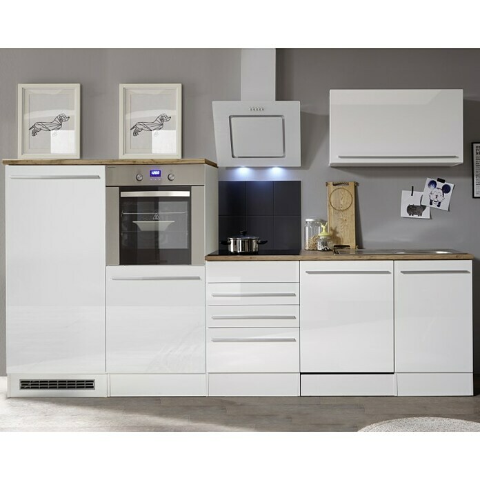 Respekta Premium Composición de cocina (Ancho: 290 cm, Con dispositivos eléctricos, Blanco de alto brillo)