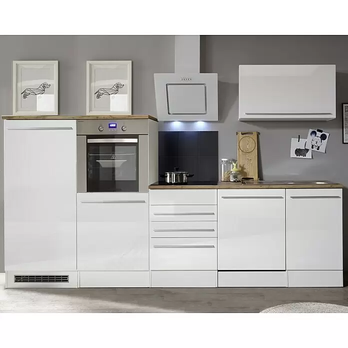 Respekta Premium Composición de cocina Gabriel - Ancho: 290 cm, Blanco, Con electrodomésticos - Mueble de cocina modular blanco brillante moderno con horno, placa, campana extractora integrados y encimeras de efecto madera.