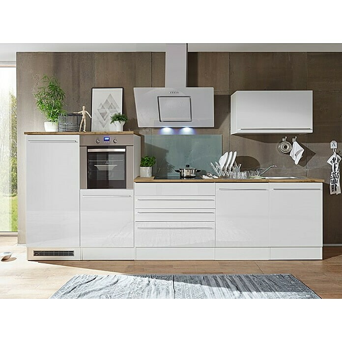 Respekta Premium Composición de cocina (Ancho: 320 cm, Con dispositivos eléctricos, Blanco de alto brillo)