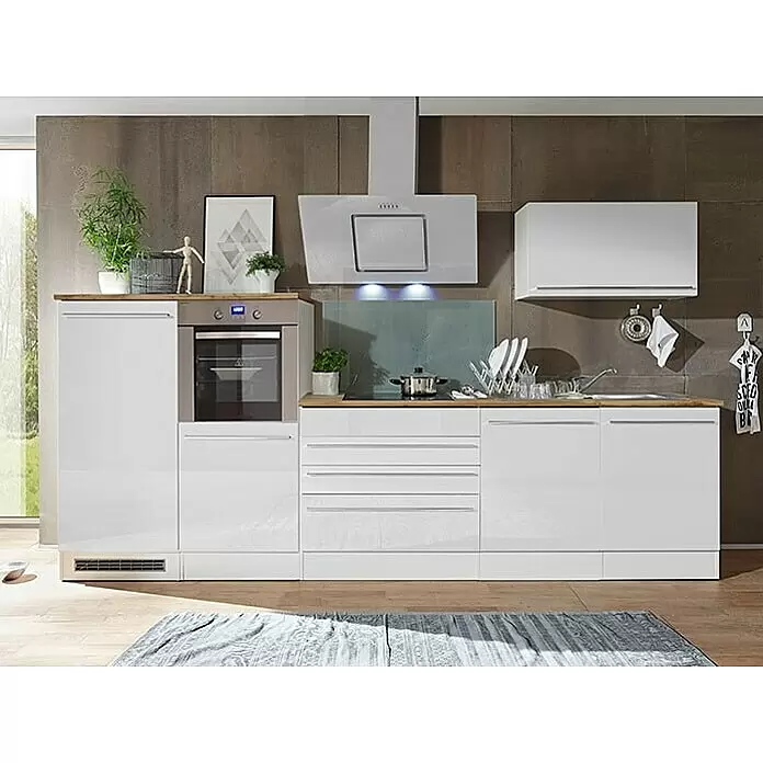 Respekta Premium Composición de cocina Gabriel - Ancho: 320 cm, Blanco, Con electrodomésticos - Cocina moderna blanca con encimera de madera, horno, placa y fregadero integrados, en un ambiente contemporáneo.