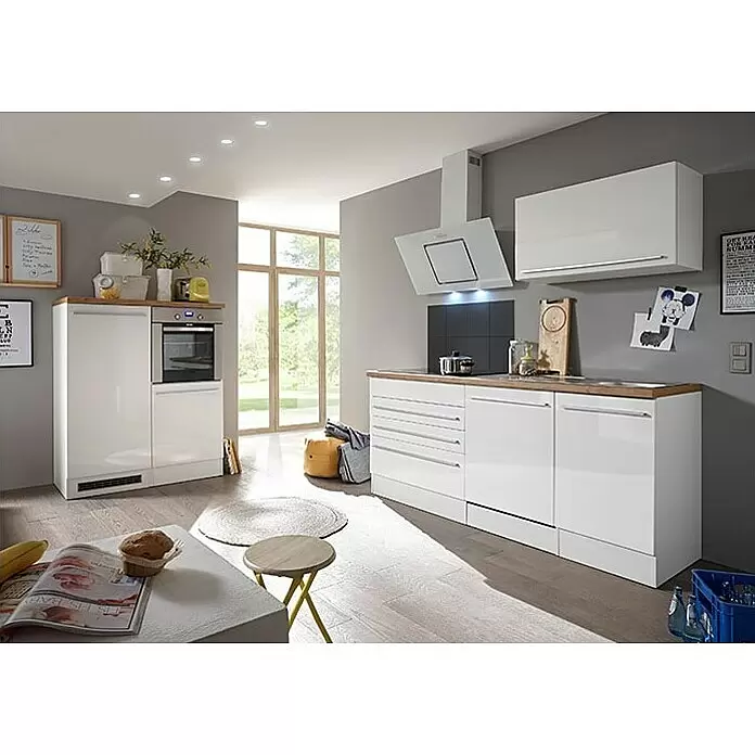 Respekta Premium Composición de cocina Gabriel - Ancho: 320 cm, Blanco, Con electrodomésticos - Moderna cocina blanca de alto brillo con encimeras de madera y electrodomésticos integrados.