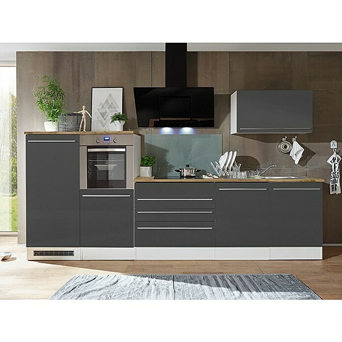 Respekta Premium Composición de cocina (Ancho: 320 cm, Con dispositivos eléctricos, Gris de alto brillo)