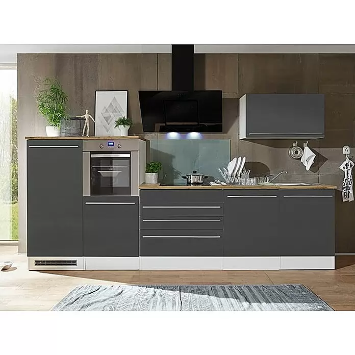 Respekta Premium Composición de cocina Gabriel - Ancho: 320 cm, Antracita, Con electrodomésticos - Mueble de cocina moderno gris oscuro con encimera de madera, horno, vitrocerámica y fregadero integrados, en cocina moderna.