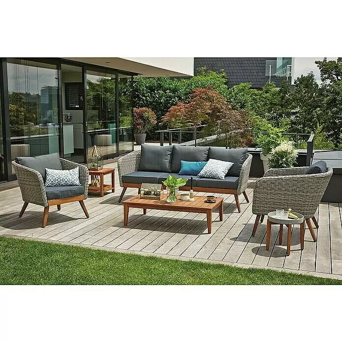 Sunfun Loungemöbel-Set Sina - 4 -tlg., Aluminium, Akazie, Polyrattan, Bambusgrau/Braun - Stimmungsaufnahme