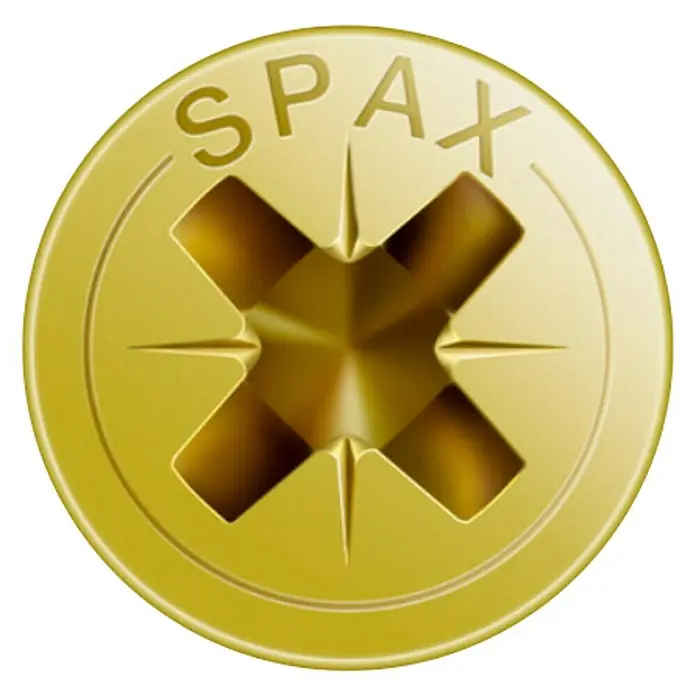 Spax Tornillo universal - 4,5 x 80 mm, Rosca completa, 125 ud. - Primer plano de una cabeza de tornillo Spax de color dorado con una ranura en cruz, ideal para proyectos de bricolaje. Fabricación de alta calidad.
