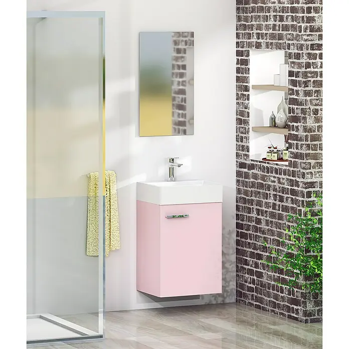 Artysan Conjunto de mueble de baño Mini - Ancho: 40 cm, Rosa, Apertura una puerta - Lavabo de baño moderno en rosa con encimera blanca y espejo rectangular en la pared.