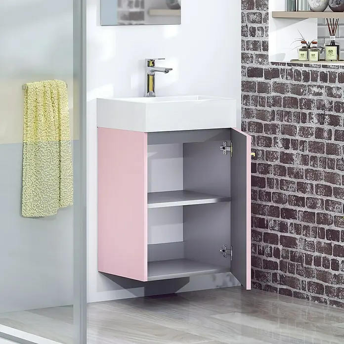 Artysan Conjunto de mueble de baño Mini - Ancho: 40 cm, Rosa, Apertura una puerta - Mueble de baño con puerta rosa y lavabo blanco, ideal para un diseño de baño elegante y espacio de almacenamiento adicional.