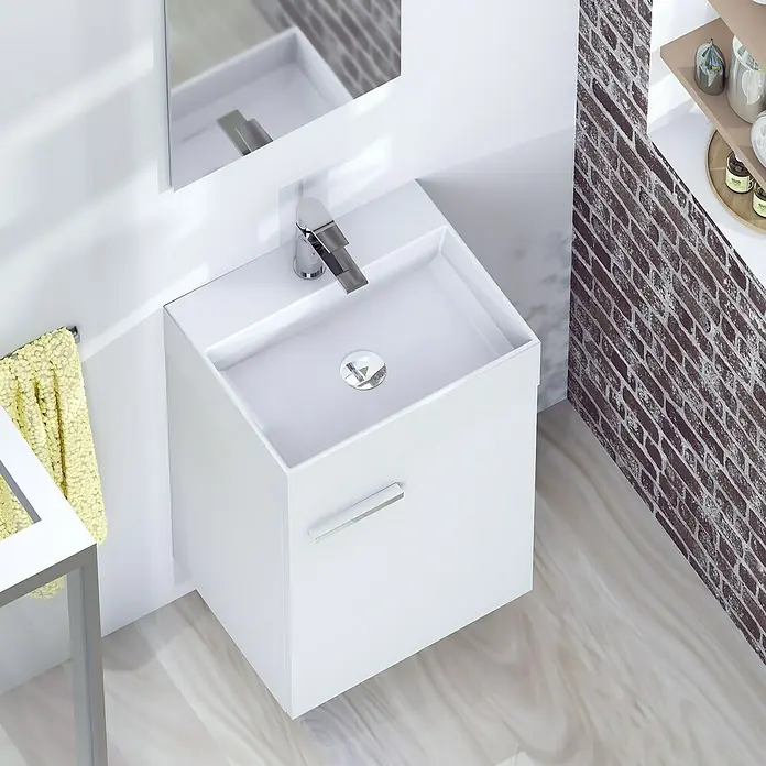 Artysan Conjunto de mueble de baño Mini - Ancho: 40 cm, Blanco seda, Apertura una puerta - Moderno baño con mueble de lavabo blanco, espejo y grifo elegante. El grifo es el punto focal de esta foto.