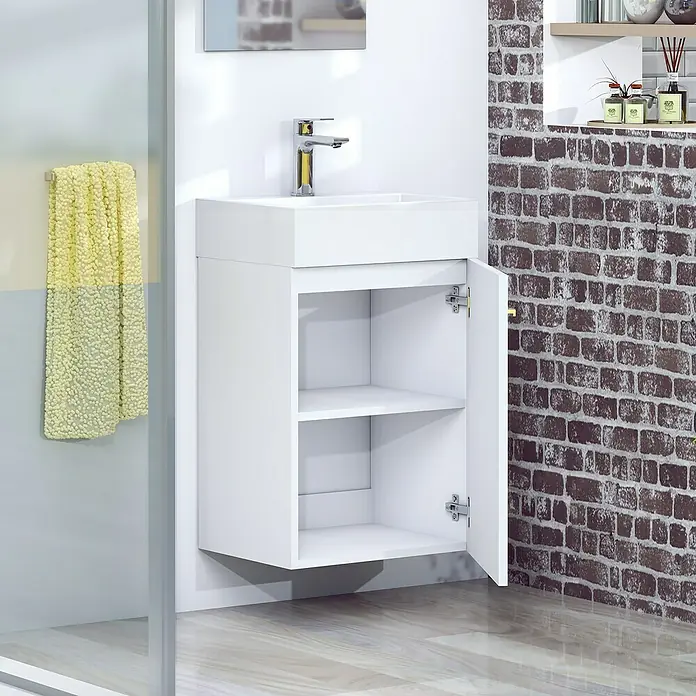 Artysan Conjunto de mueble de baño Mini - Ancho: 40 cm, Blanco seda, Apertura una puerta - Imagen de un mueble de baño blanco con lavabo y puerta abierta, mostrando sus estantes. Estilo moderno para cualquier baño.